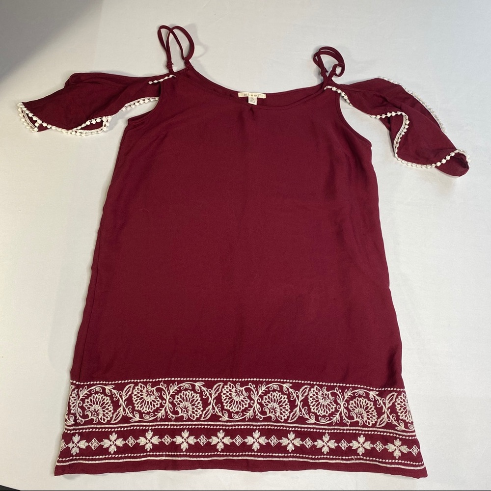Burgundy Embroidered Sun Dress Shoulder Less